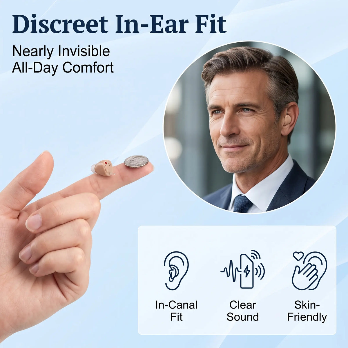 Official KFCOPTEE M610 Ultra-Compact Discreet CIC Hearing Aids in Beige with Coin Size Comparison
